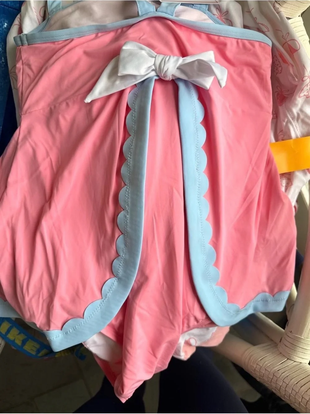 The Beaufort Bonnet Company Pink Swim Dress with Light Blue Trim and bow